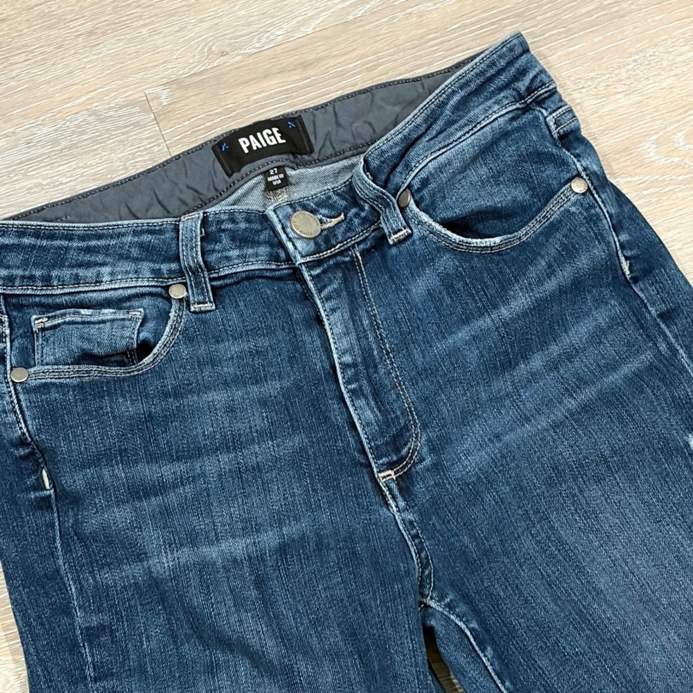 Paige Womens High Rise Distressed Flare Jeans Blue Raw Hem Size 27 Made in USA